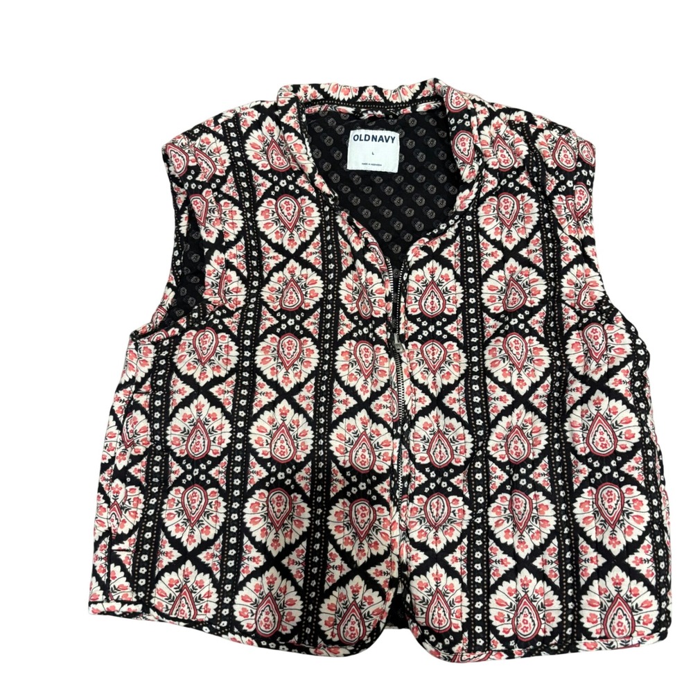 Old Navy Quilted Vest Womens Large Black Red Paisley Floral Full Zip Sleeveless